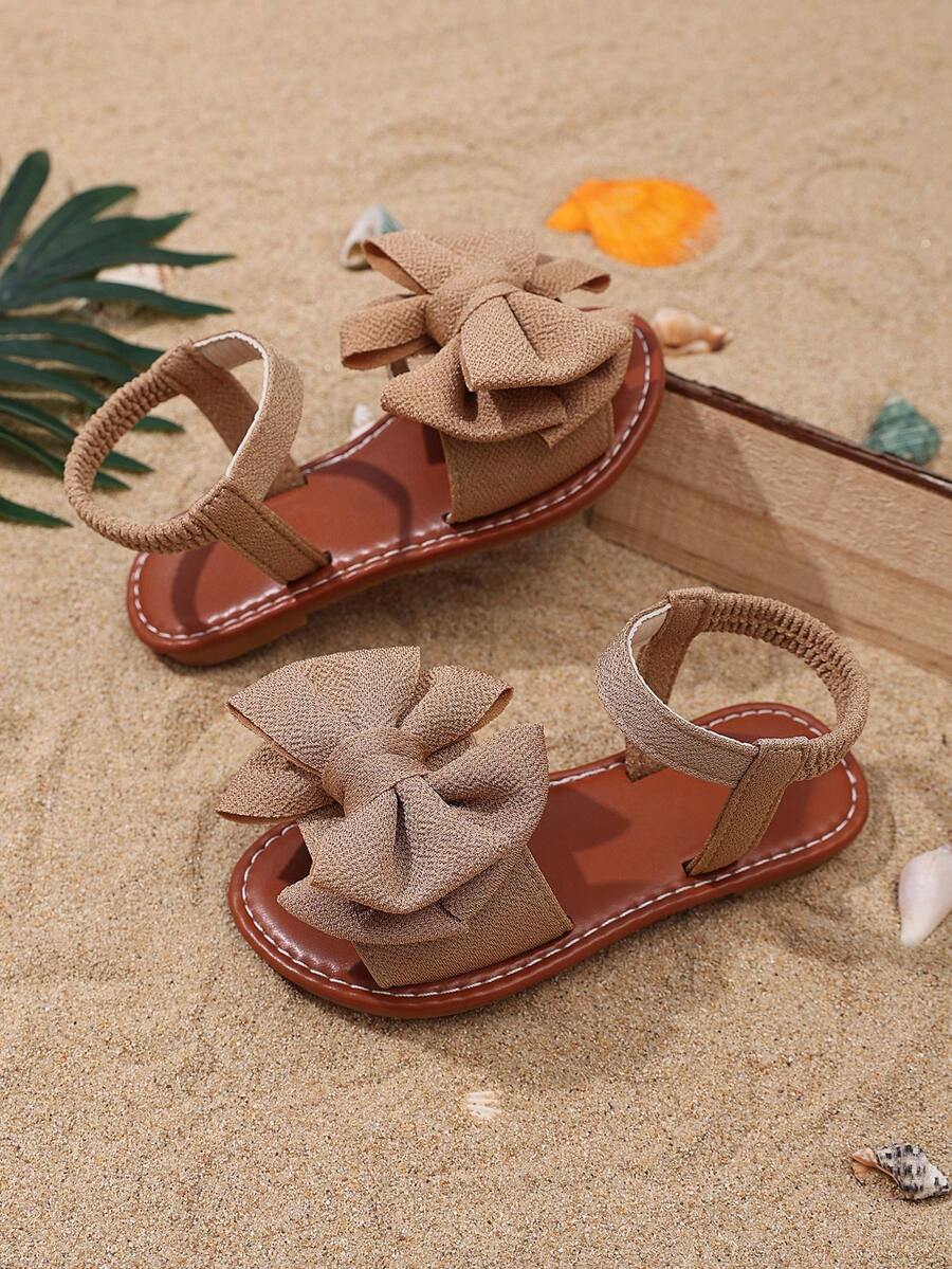 1 Pair Brown Plus Size Girls' Flat Sandals With Knitted Mesh, Oversized Bow Decor, Elastic Strap, Round Toe, Fashionable & Cute, Suitable For 3-15 Years Old Girls, Daily, Casual, Party, Travel, Spring/Summer - Coffee Brown - View 1
