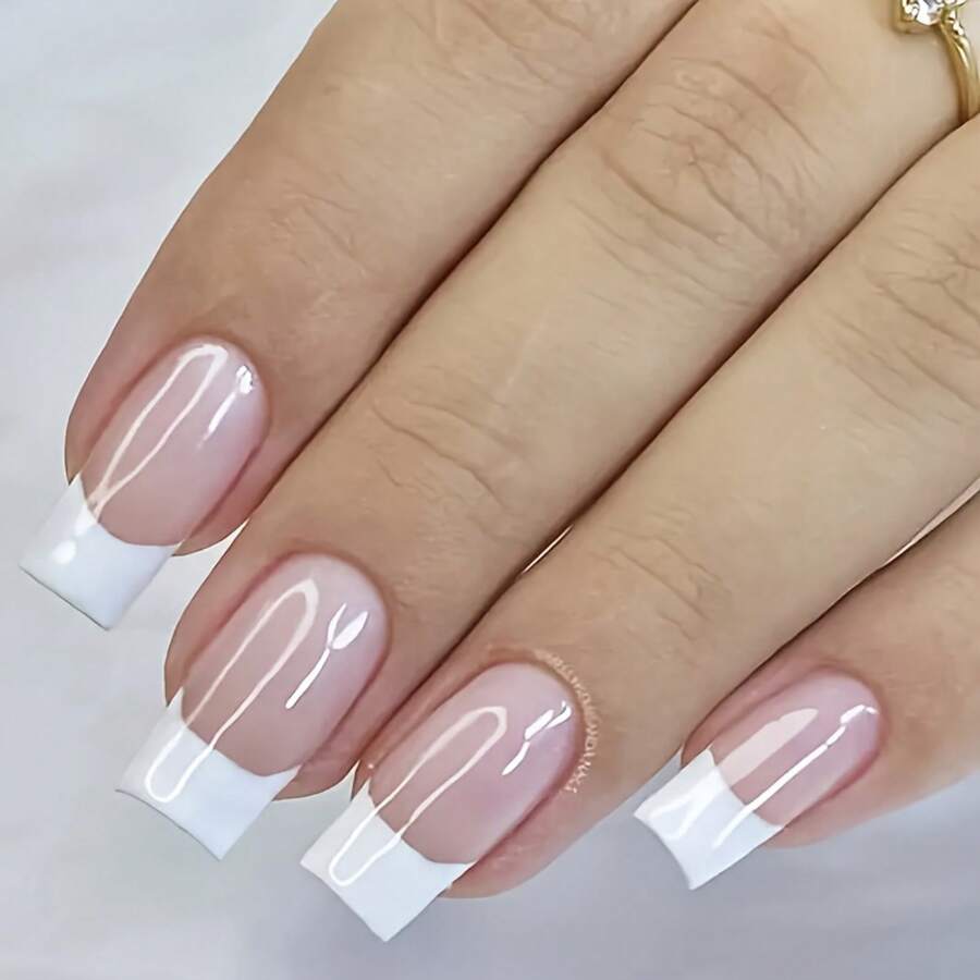 24 Pieces Of Nude-Colored French Square Press-On Nails With White Edges, Includes 1 Piece Of Adhesive Tape & 1 Nail File - R147 - 查看 1