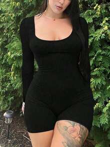 优雅性感露背褶皱领连体裤/连身衣/紧身衣，春夏运动装 黑色 - 黑色 - 查看 3