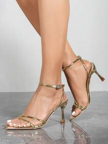 Women's Summer Gold Thin High Heel Strappy Sandals, Pointed Toe Adjustable Ankle Strap High Heel Sandals, Elegant Bohemian Style Dress Shoes, Suitable For Vacation, Party, Prom, Wedding And Other Occasions - Gold - View 4