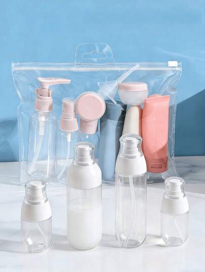 11pcs Travel Refillable Bottles Set, Including Cream Jar, Shower Gel Bottle, Lotion Bottle, Cosmetic Empty Bottles, Spray Bottle, Shampoo Bottle, Shower Gel Tube, Cosmetic Liquid Containers, Portable Tools, Refillable Supplies, Travel Essentials, Organizer For Beach, Summer Vacation, Back To School