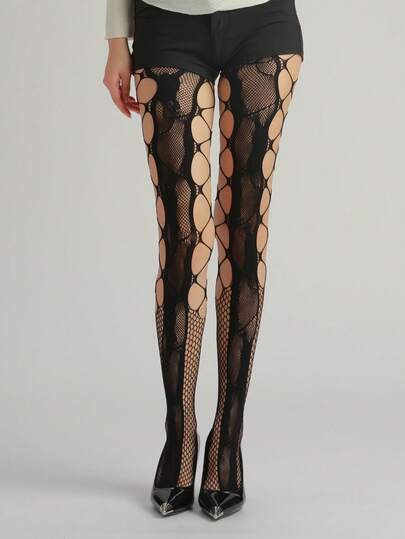 1件装女士性感紧身裤，复古玫瑰提花面料，不对称破洞渔网设计，薄款哥特朋克风连裤袜，黑色丝袜，时尚百搭，适合万圣节派对，可搭配裙子/裤子