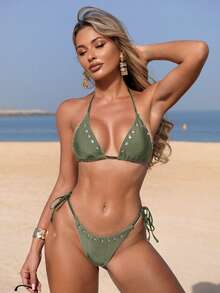 Women's New European And American Metal Hole Halter Neck Bikini Set Vacation Beach - Army Green - View 3