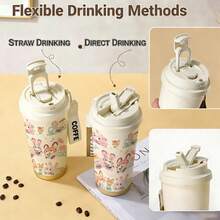 mikenda 1pc 18oz Cute Cartoon Rabbit & Fox Print Stainless Steel Tumbler With Flip Lid & Carry Strap, Vacuum Insulated Travel Coffee Cup, Thermal Water Bottle Keep Hot 12H Cold 24H, Aesthetic Gift For Girls & Women - White - View 4