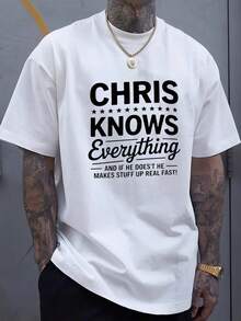 Camiseta Casual con Estampado Gráfico para Hombre de CHRIS KNOWS - Estampado con la Frase "CHRIS KNOWS Everything" y una Cita Humorística, Camiseta Negra de Manga Corta con Cuello Redondo, Corte Regular para Uso Diario en Verano y Salidas Casuales, Ropa de Fin de Semana, Estampado Atrevido, Tela Suave, Camiseta Estampada, para Fanáticos del Streetwear, Camiseta con Estilo, Ajuste Cómodo, Camiseta para Uso Diario, para Jóvenes Adultos. - Negro - Ver 1