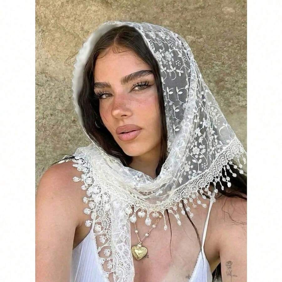 1pc 2026 New Floral Lace Scarf & Headscarf Set For Women, Lightweight & Breathable, Suitable For Weddings, Parties And Formal Events - Solid Color - 查看 1