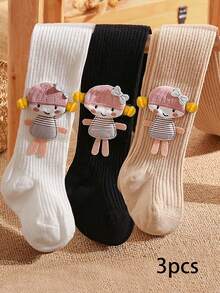 3 Pairs Girls Minimalist Skinny Stripe Tight Leggings, Cute Versatile Daily Wear Tights For Little Girls, All Season - Multicolor - View 9