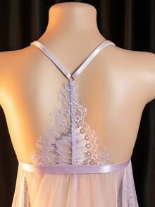 性感内衣套装：吊带开衩迷你裙+丁字裤，女士睡衣和性感内衣套装 - 淺灰紫 - 查看 5