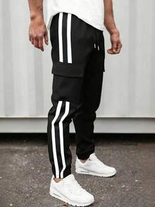 1 pieza Pantalones casuales de verano de corte holgado para hombre, versátiles para vacaciones, viajes diarios, actividades al aire libre, fitness, trotar, pantalones jogger holgados con puños de tobillo a rayas, estilo callejero, otoño - Negro - Ver 1