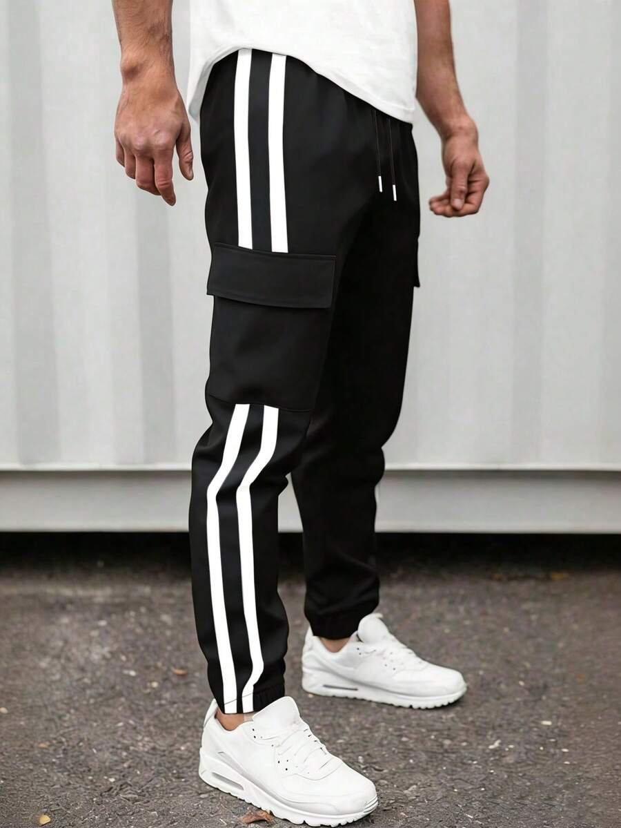 1 pieza Pantalones casuales de verano de corte holgado para hombre, versátiles para vacaciones, viajes diarios, actividades al aire libre, fitness, trotar, pantalones jogger holgados con puños de tobillo a rayas, estilo callejero, otoño - Negro - Ver 1