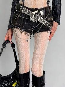 1双春夏欧美复古黑色网眼玫瑰镂空丝袜，女士性感黑色不对称破洞连裤袜，Y2K轻度颓废原宿街头多巴胺JK极简性感紧身裤 - 彩色 - 查看 10