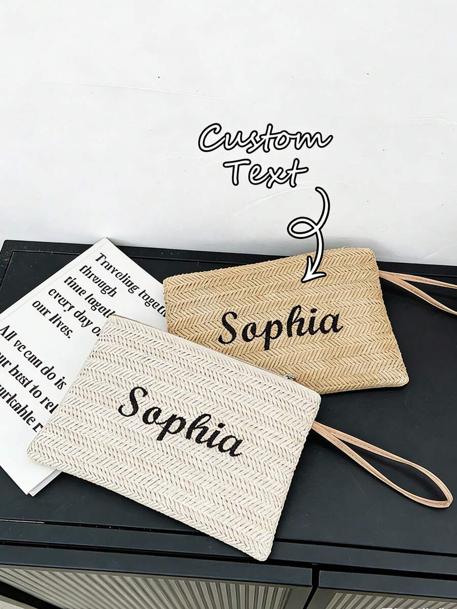 1 pieza Bolso de muñeca tejido personalizado, bolso de embrague de paja con logotipo bordado, incluye colgante con dije dorado, billetera unisex de moda, adecuado como regalo para novio, novia o madre - Multicolor - Ver 1