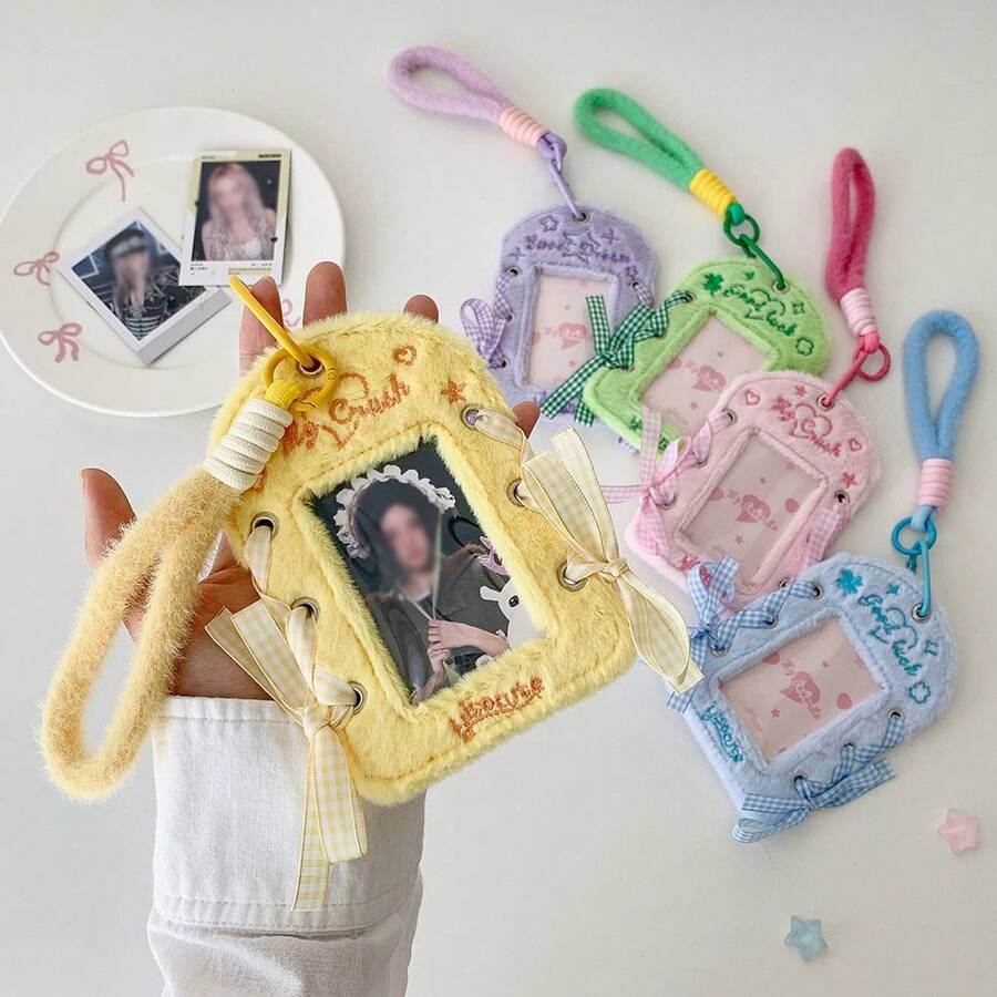 1个女孩毛绒挂绳证件卡套，DIY粉丝卡展示盒带丝带，学生卡袋 - 卡套 - 查看 1