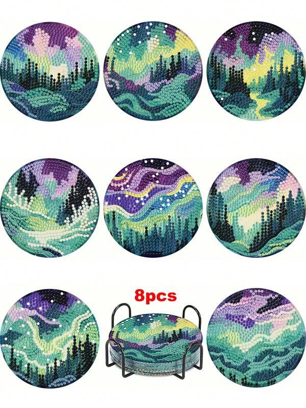 8pcs Night Diamond Painting Coaster Set, Rounded High-Brightness Diamond Surface, Firmly Adhesive With Full Tools, Easy For Beginners Stress Relief Handcraft, New Year, Valentine's Day, Christmas, Teacher's Day Gifts, Home Decor Tabletop Coasters For Family, Friends, Teachers