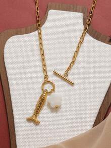 Mazuer 1件18K镀金街头风鱼形白花吊坠可调节OT扣项链，不锈钢粗链颈链，女士音乐节日常佩戴派对礼物 - 魚&白花 - 查看 3