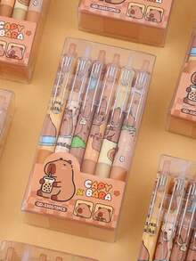 Set de 6 piezas/12 piezas Nuevo bolígrafo retráctil de dibujos animados de capibara, tinta negra, artículo de papelería esencial para estudiantes de vuelta a la escuela - A - Ver 3