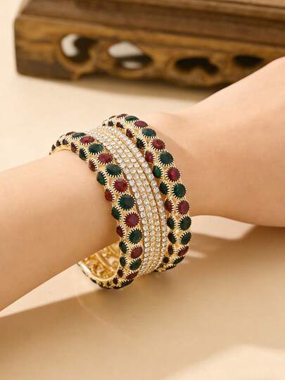 6件套60毫米波西米亚风水晶手镯，优雅金色手工手链首饰配饰，适合女性，可用于婚礼和日常佩戴