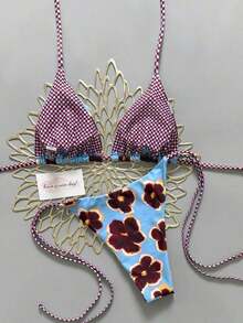 2pcs Retro Floral Colorblock Plaid Print Personalized Women Bikini Swimwear, Suitable Beach, Pool, Cruise, Party In Spring And Summer - 天藍色和紫色 - 查看 4
