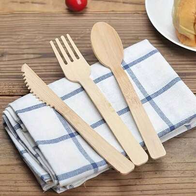 100/50/25/10/1 Set natürliche Bambusbestecke, rein natürliches, gesundes Geschirr-Set für Kuchen, Salat, westliche Küche, Pasta, Kaffeerührer, wiederverwendbar und waschbar, geeignet für Party, Outdoor, Familientreffen, Hochzeit, Geburtstag, Fest, Küche, Geschenk. Einfach zu reinigen und wiederzuverwenden! Stabiles Besteck - perfekte Party-Ausstattung (die natürliche Bambusfarbe kann leicht variieren)