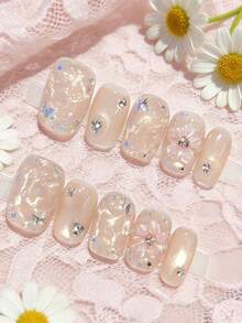 10pcs/Pack Handmade Japanese Style Nude Pink Nail Stickers, 3D Tiny Flower Shiny Whitening Nail Decals, Removable - Multicolor - View 13