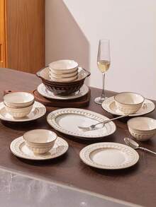 2pcs 8.3 Inch Vintage Embossed Ceramic Dinner Plates, Luxury European Style Ceramic Plate Set, Household Dining Ceramic Round Serving Platters, Minimalist Large Plates, Salad Plate And Steak Plate Tableware Set, Dessert Plate, Pasta Plate, Kitchen & Dining Ceramic Dinnerware, Bread Plate, Suitable For Home Kitchen, Dining Party, Kitchen Supplies, Tableware Accessories, Oven And Microwave - Multicolor - View 6