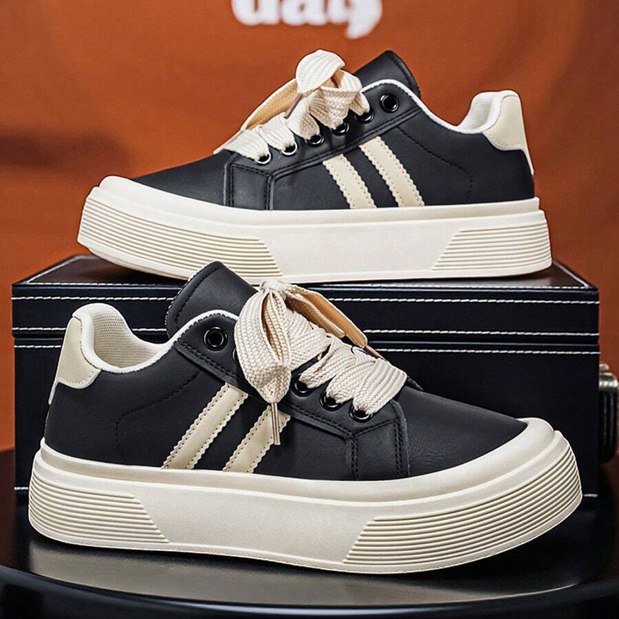 2026 WANSS Men's Suede High-Top Thick-Sole Casual Skateboard Shoes, Niche Breathable Non-Slip Commute Retro Sneakers, Black Denim Shoes - Black - View 1