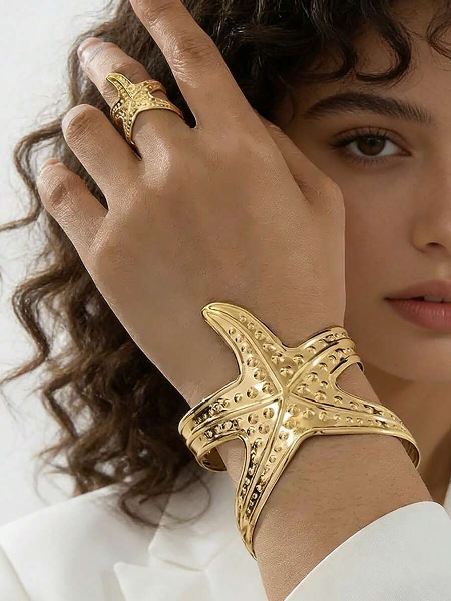 一套几何海洋风开口海星手链套装（女士款） - 金黃色 - 查看 1