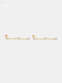 一对925纯银三颗锆石流苏吊坠搭配优雅耳钉，设计时尚简约，低过敏性，适合女性和女孩日常佩戴。 - 流蘇三鑽耳環 - 查看 5