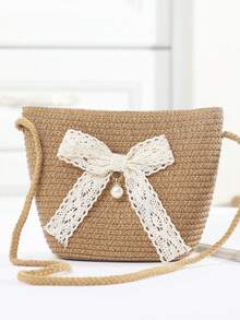 Children's Straw Bag, Cute Girls' Shoulder Crossbody Bag, Beach Woven Bag, Spring/Summer - Lace Bow - View 1