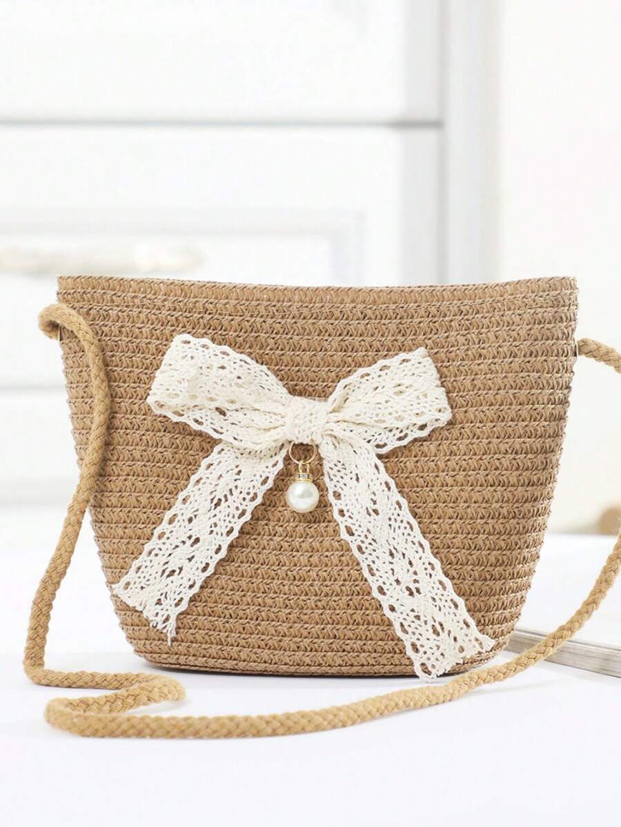 Children's Straw Bag, Cute Girls' Shoulder Crossbody Bag, Beach Woven Bag, Spring/Summer - Lace Bow - View 1