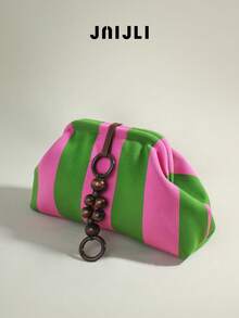 JNI JLI Beige & Black Striped Clutch Purse With Wooden Bead & Ring Detail Women Stylish Handbag Cross Body Bag Travel Essential Casual Daily Use Bags Vintage Sling Bag Fashion Handbags Mini Purses Practical Shoulder Bag Clutch Bag Ladies Daily Purse Versatile Crossbody Shoulder Bag Spacious Evening Bag Must-Have Outfit Accessory Everyday Use Fashion Purse Casual Style Shoulder Bag - Màu xanh Ô liu - Xem 3