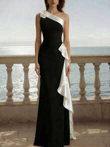 惊艳的黑白不对称美人鱼礼服，优雅的无袖长款礼服，饰有荷叶边开衩和3D玫瑰花装饰，适合春季婚礼派对 - 黑與白 - 查看 7