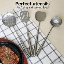 4-Pc Stainless Steel Kitchen Utensil Set – Dishwasher-, Hangable & Space-Saving With Extra-Long Handles – For Home Chefs, Camping & Baking (Turner, Ladle, Skimmer, Slotted Spoon) - Silver - View 4