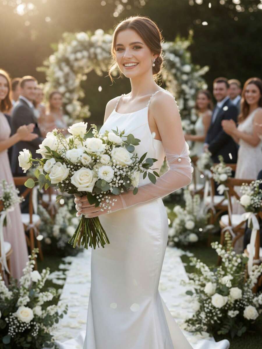 1 双经典新娘薄纱长手套，手工串珠水钻新娘手套，婚纱配饰，婚礼派对手套 - 米色 - 查看 1