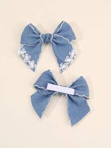 2pcs Vintage Blue Bow Hair Clips, Elegant French Ribbon Hair Accessories For Girls, Baby Hair Clips - Blue - View 7