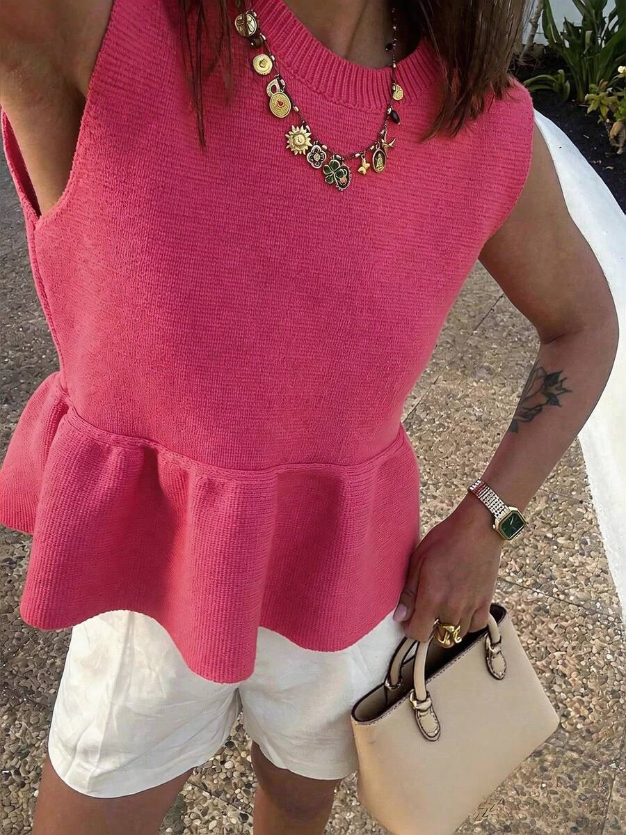 FOR BEAUTY 女士春夏针织无袖上衣，休闲简约风格，玫瑰红色，荷叶边下摆，修身剪裁，适合通勤、约会、度假、休闲等场合。