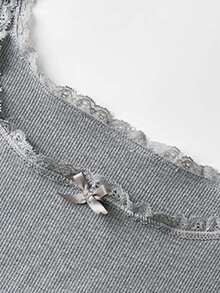 1pc Summer Versatile Pure Lace Butterfly Knot Camisole, Fitted Layering Sleeveless Top For Women - Grey - View 5