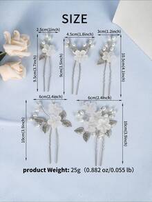 5件套 空灵新娘哑光花朵发夹套装，优雅珍珠银叶发夹，手工婚礼派对发饰 - 彩色 - 查看 3