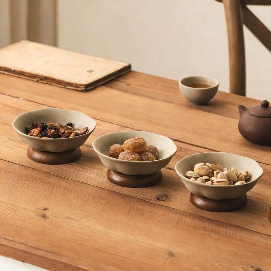 Plato mini vintage de cerámica gruesa de 12 cm, plato de servir de estilo de Oriente Medio para dátiles, apto para frutos secos, dátiles y postres - Gres+marrón - Ver 1