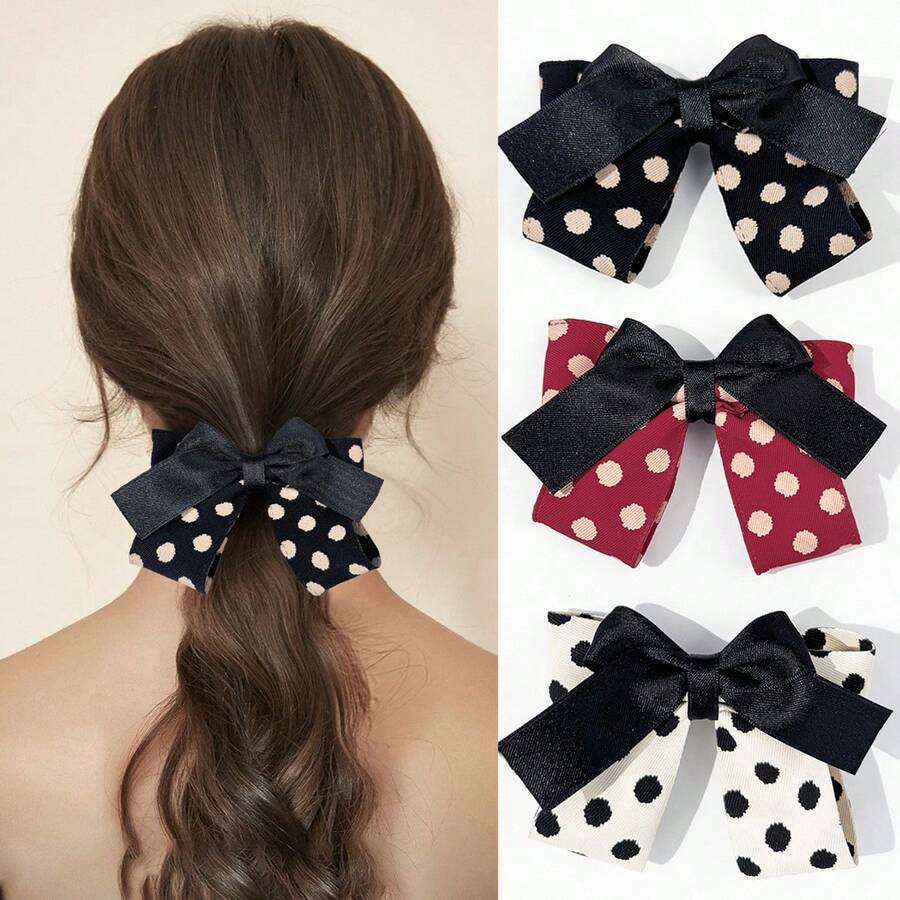 3-teiliges Set, koreanischer Haarclip mit Schleife und Polka-Dots für Damen, modischer Retro-Stil, elegantes französisches Haaraccessoire. - Verschiedenfarbig - Übersicht 1