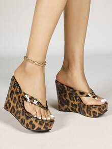 Women's Thick Sole Strap Wedge Sandals, Plus Size Open Toe Beach Slippers - Dark Leopard Print - View 16