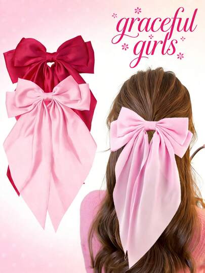 2Pcs Pink Oversized Satin Hair Bows Large Pink Hair Bow Clips For Girls Teens Big Ribbon Bows Hair Clips Bowknot Hair Accessories For Daily Wear Wedding Prom Party Charm Birthday Gifts Festival Gifts For Girls Summer Vacation Outfit