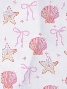 2pcs/Set Kids Colorful Seashell & Starfish Print Pajamas, Short Sleeve Shirt And Ruffle Hem Shorts Set, Ocean Theme Print With Gradient Seashell Rainbow Pattern, Suitable For Children And Teens Daily Wear, Vacation And Loungewear - White - View 8