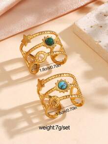 2pcs/Set Stainless Steel 18K Gold Plated Turquoise & Peacock Stone Inlaid Star & Sun Ring Set, Suitable For Women's Daily Wear - Multicolor - View 3