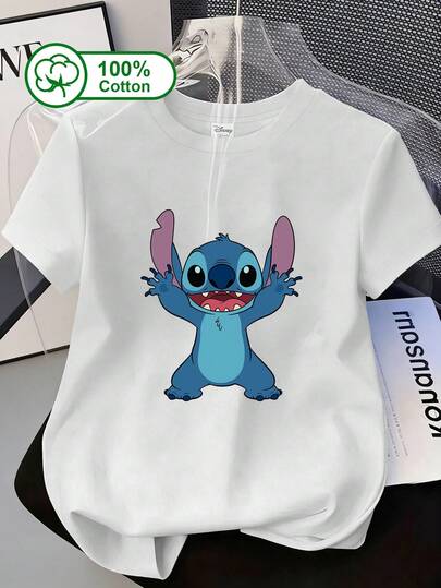 Disney 女士休闲短袖T恤，活泼可爱的刺绣印花图案。100%纯棉面料，适合户外穿着，夏季服装，女士印花T恤。