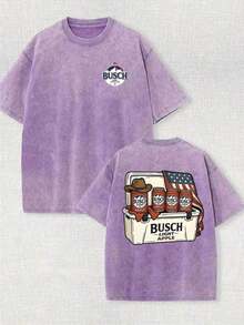 2026 New Men's 100% Cotton Oversized T-Shirt, Vintage Acid Washed Finish, "Busch Light Apple" Cooler & Cowboy Hat Graphic Print, Americana Streetwea - 紫色 - 查看 6