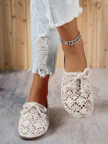 Linen Summer Mesh Shoes New Loafers Bow Knot Woven Women Hollow Flat Shoes, Fashion Comfortable Lightweight Casual Slip-On Flat Shoes Suitable For Daily Commute And Outdoor Wear, Ballet Shoes - Beige - View 5