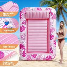 1 pièce Chaise longue gonflable à imprimé tropical, chaise flottante d'eau portable avec porte-gobelet et oreiller amovible, base nervurée confortable, flotteur de piscine, convient pour la piscine, le patio, les fêtes de plage, le jardin, les loisirs d'été - A - Voir 13