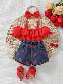 Baby Girl Fashion Denim Outfits Off-Shoulder Ruffled Tank Top + Heart-Embroidered Denim Shorts Jeans Set - 紅色 - 查看 2