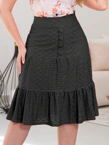 Women's Midi Skirt Fashion Social Evangelical Ruffle Party Round Casual Executive - 黑色 - 查看 1